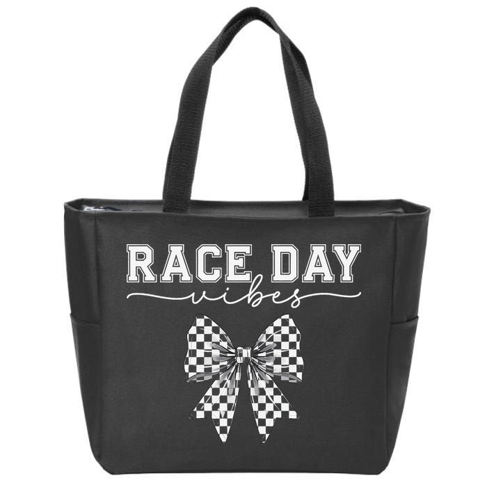 Race Day Vibes Checkered Coquette Bow Car Racing Race Day Zip Tote Bag
