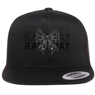 Race Day Vibes Checkered Coquette Bow Car Racing Race Day Flat Bill Trucker Hat
