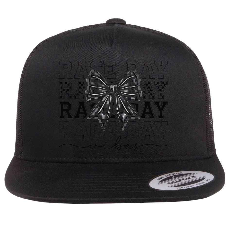Race Day Vibes Checkered Coquette Bow Car Racing Race Day Flat Bill Trucker Hat