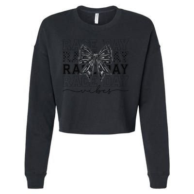 Race Day Vibes Checkered Coquette Bow Car Racing Race Day Cropped Pullover Crew