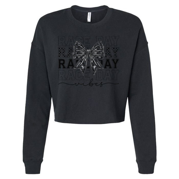 Race Day Vibes Checkered Coquette Bow Car Racing Race Day Cropped Pullover Crew