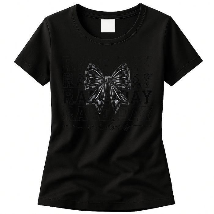 Race Day Vibes Checkered Coquette Bow Car Racing Race Day Womens T-Shirt