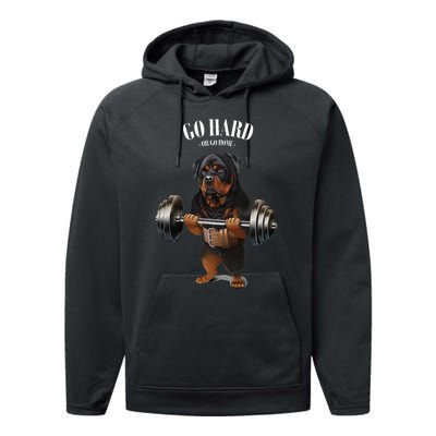 Rottweiler Dog Weightlifting In Fitness Gym Performance Fleece Hoodie