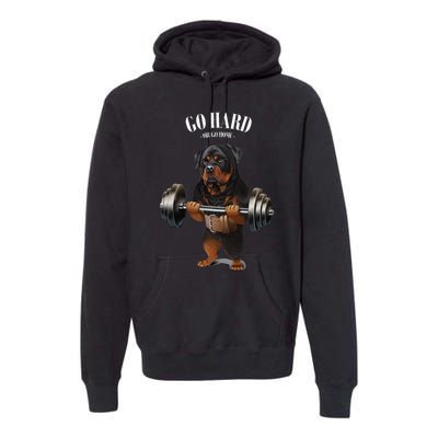 Rottweiler Dog Weightlifting In Fitness Gym Premium Hoodie