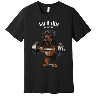 Rottweiler Dog Weightlifting In Fitness Gym Premium T-Shirt