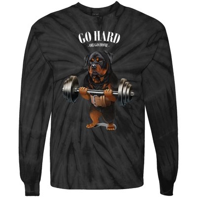 Rottweiler Dog Weightlifting In Fitness Gym Tie-Dye Long Sleeve Shirt