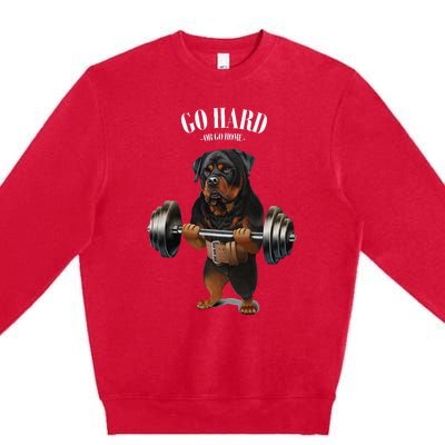 Rottweiler Dog Weightlifting In Fitness Gym Premium Crewneck Sweatshirt