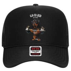 Rottweiler Dog Weightlifting in Fitness Gym High Crown Mesh Back Trucker Hat