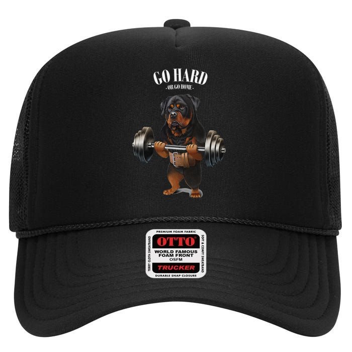 Rottweiler Dog Weightlifting in Fitness Gym High Crown Mesh Back Trucker Hat