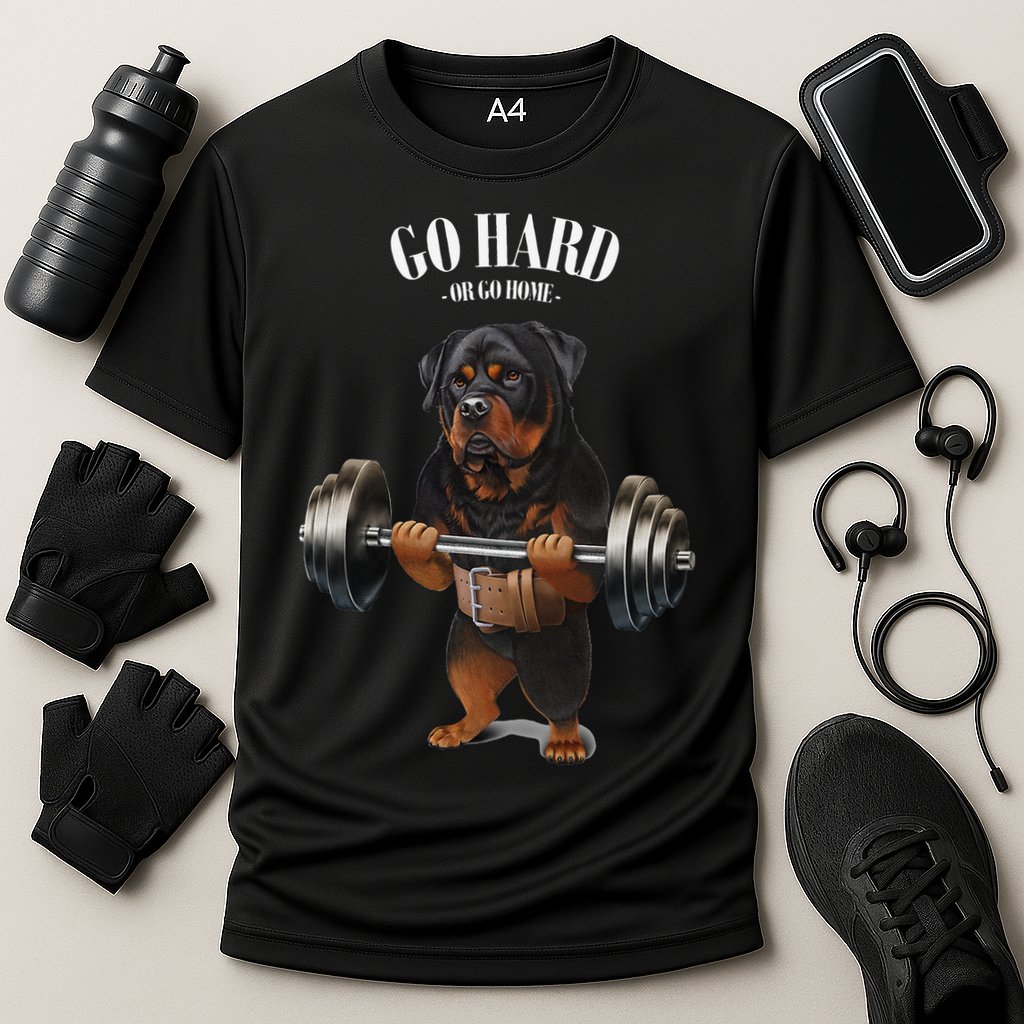 Rottweiler Dog Weightlifting in Fitness Gym Cooling Performance Crew T-Shirt