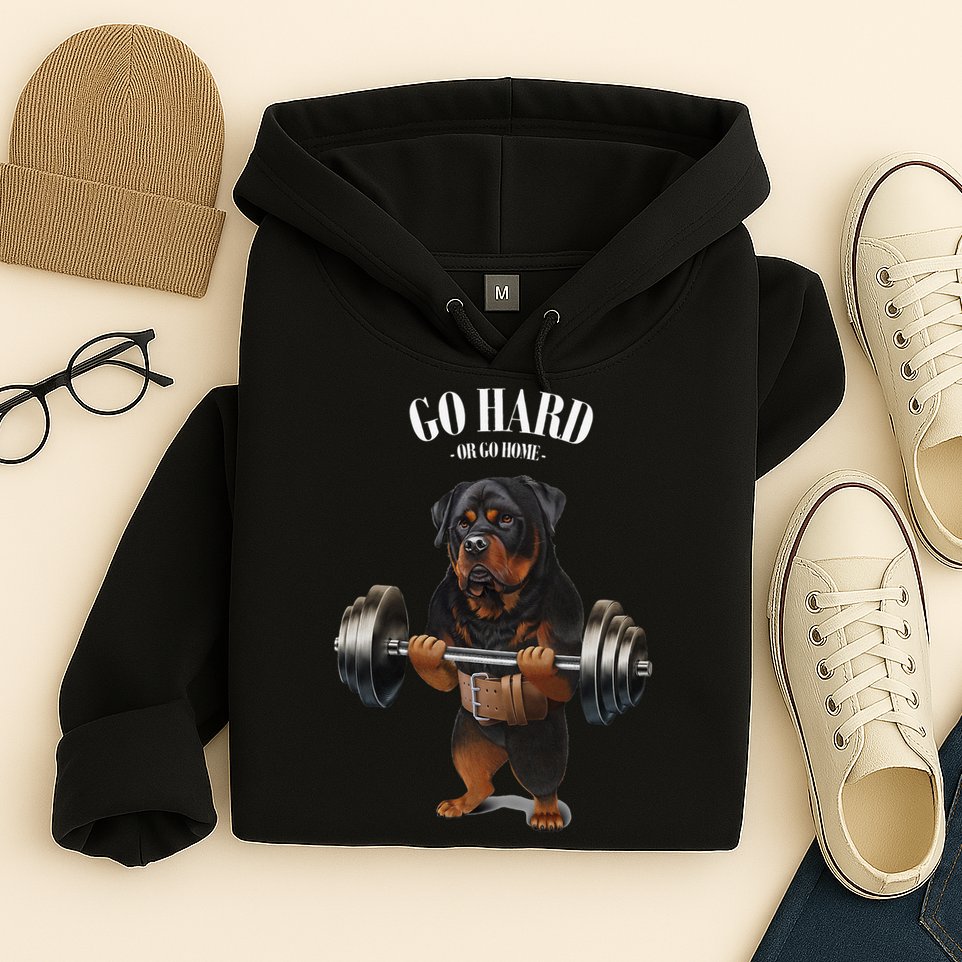 Rottweiler Dog Weightlifting in Fitness Gym Hoodie
