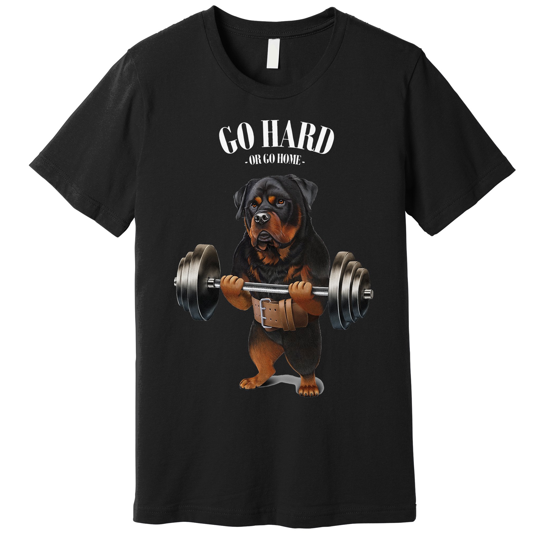 Rottweiler Dog Weightlifting in Fitness Gym Premium T-Shirt