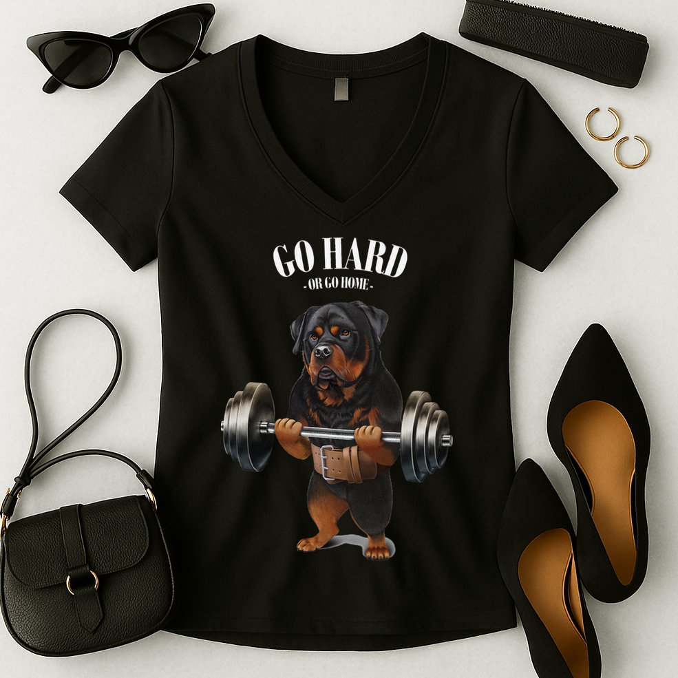 Rottweiler Dog Weightlifting in Fitness Gym Women's V-Neck T-Shirt