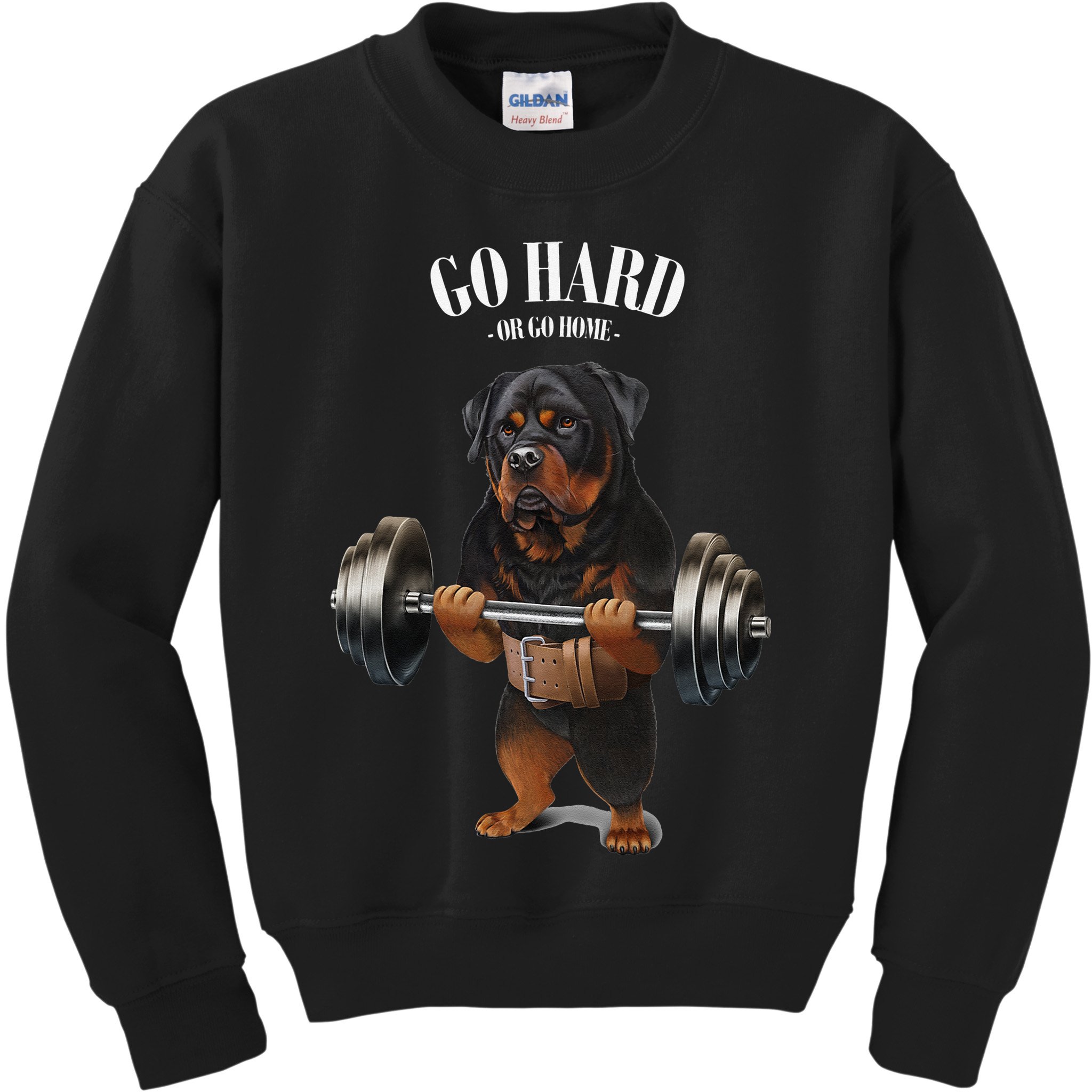 Rottweiler Dog Weightlifting in Fitness Gym Kids Sweatshirt