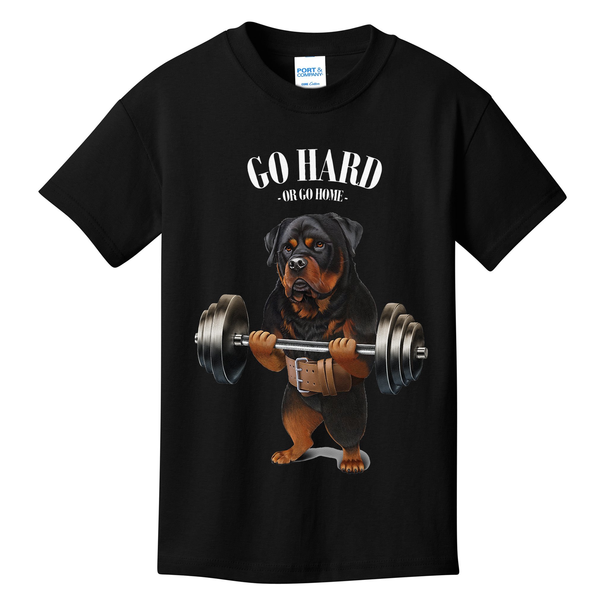 Rottweiler Dog Weightlifting in Fitness Gym Kids T-Shirt