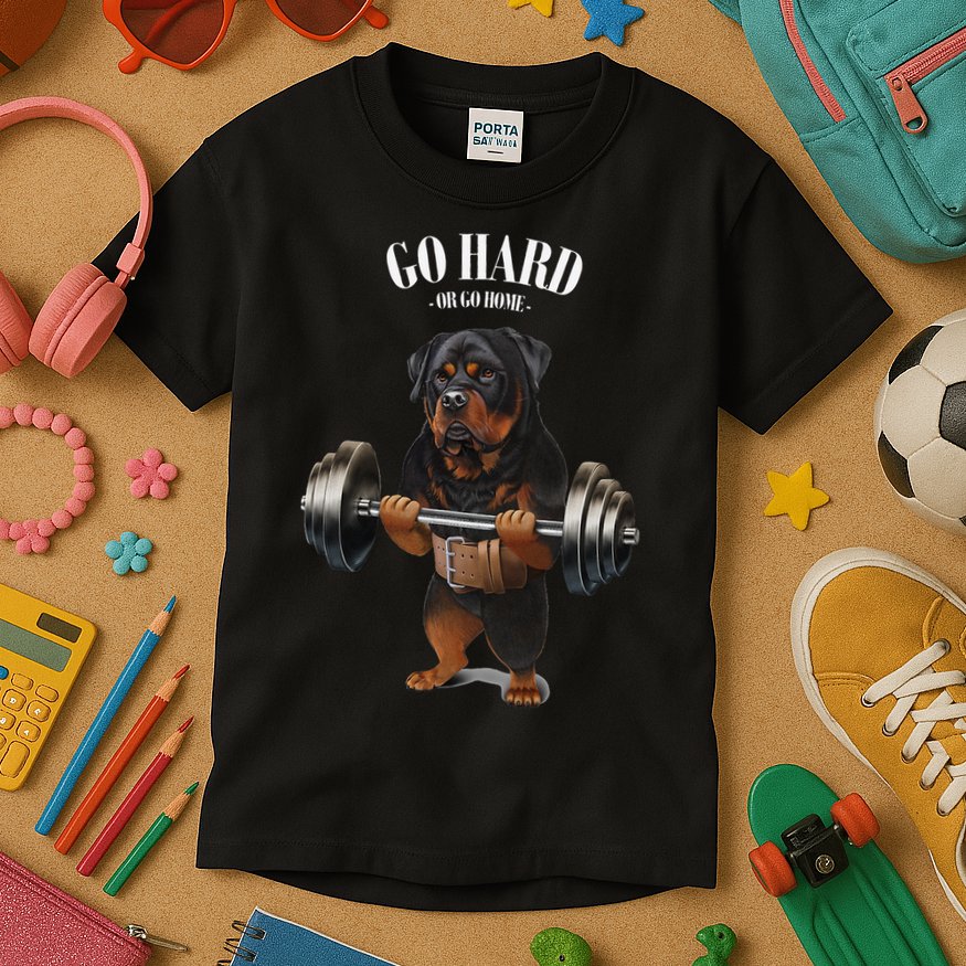 Rottweiler Dog Weightlifting in Fitness Gym Kids T-Shirt