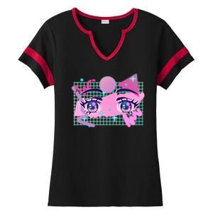 Retro Eighties 80's Pop Art Kawaii Anime Eyes Ladies Halftime Notch Neck Tee