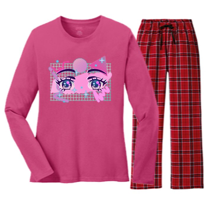 Retro Eighties 80's Pop Art Kawaii Anime Eyes Women's Long Sleeve Flannel Pajama Set 