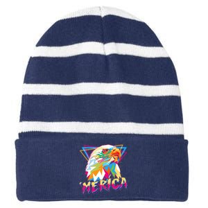 Retro Eighties 80's Merica Polygon Eagle Head Striped Beanie with Solid Band