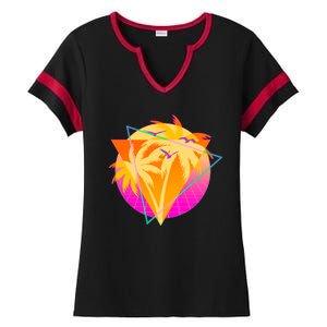 Retro Eighties 80's Tropical Palm Trees Emblem Ladies Halftime Notch Neck Tee