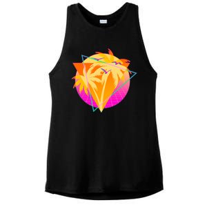 Retro Eighties 80's Tropical Palm Trees Emblem Ladies PosiCharge Tri-Blend Wicking Tank