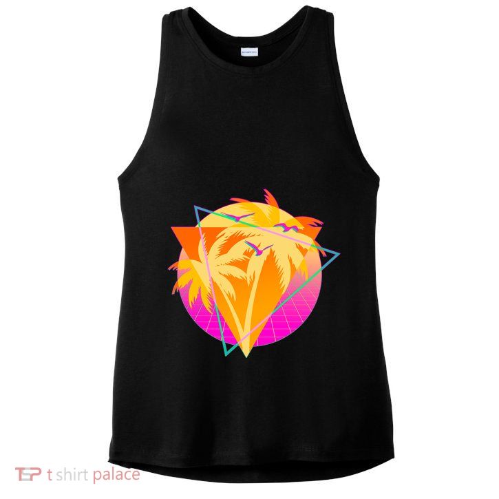 Retro Eighties 80's Tropical Palm Trees Emblem Ladies PosiCharge Tri-Blend Wicking Tank
