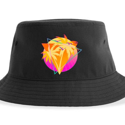 Retro Eighties 80's Tropical Palm Trees Emblem Sustainable Bucket Hat