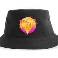 Retro Eighties 80's Tropical Palm Trees Emblem Sustainable Bucket Hat