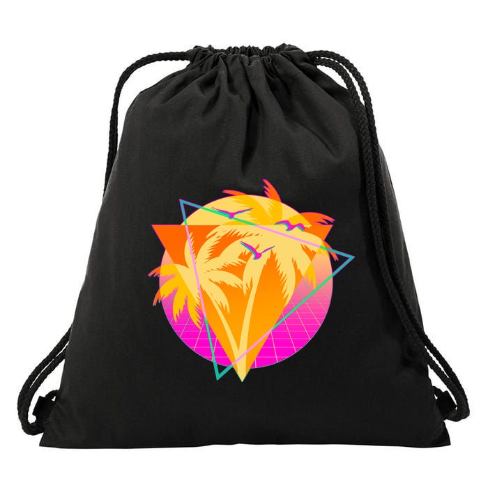 Retro Eighties 80's Tropical Palm Trees Emblem Drawstring Bag