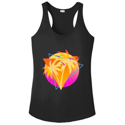 Retro Eighties 80's Tropical Palm Trees Emblem Ladies PosiCharge Competitor Racerback Tank