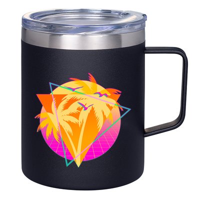 Retro Eighties 80's Tropical Palm Trees Emblem 12oz Stainless Steel Coffee Mug