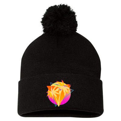 Retro Eighties 80's Tropical Palm Trees Emblem Pom Pom 12in Knit Beanie