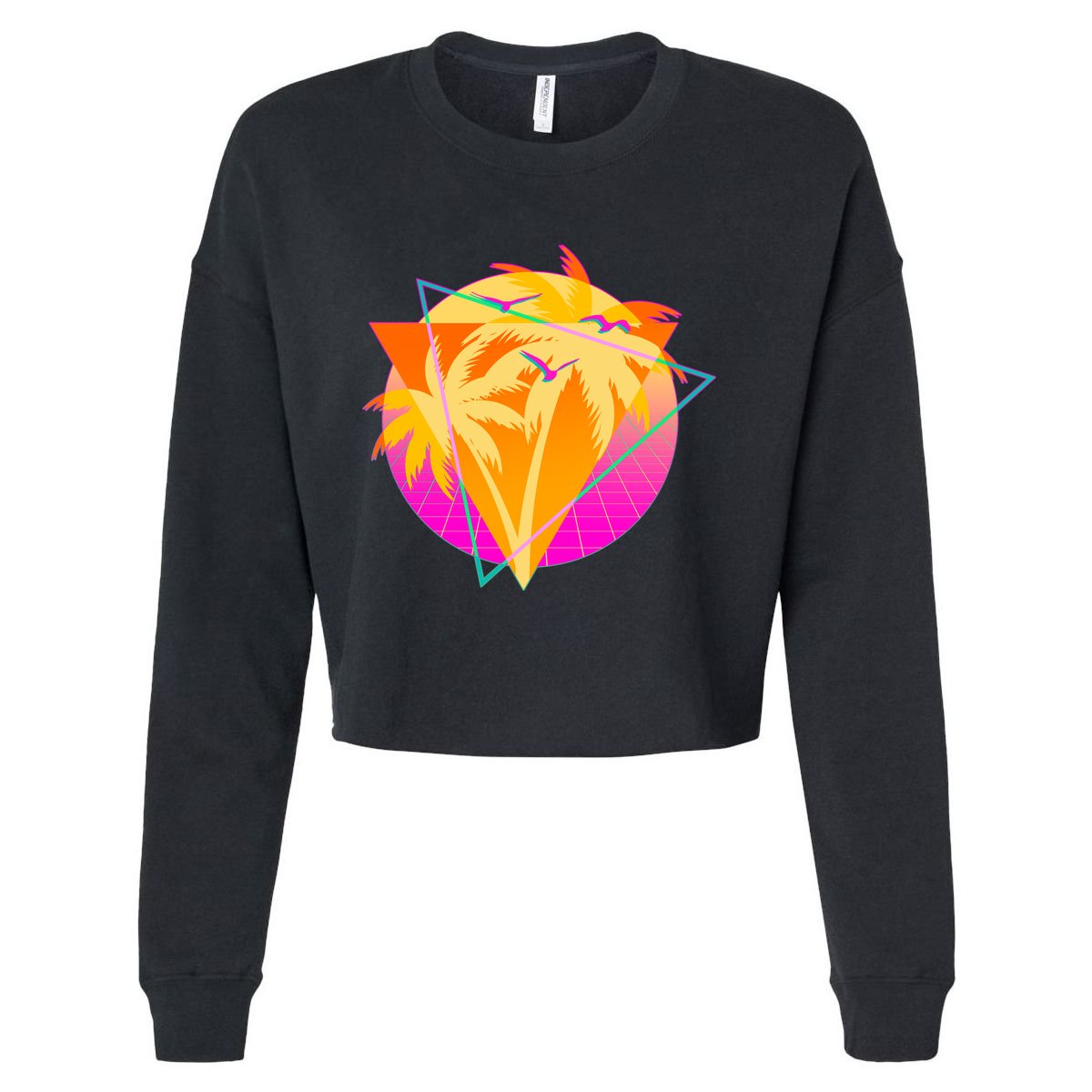 Retro Eighties 80's Tropical Palm Trees Emblem Cropped Pullover Crew