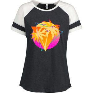 Retro Eighties 80's Tropical Palm Trees Emblem Enza Ladies Jersey Colorblock Tee