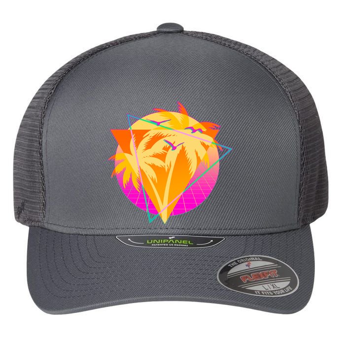 Retro Eighties 80's Tropical Palm Trees Emblem Flexfit Unipanel Trucker Cap