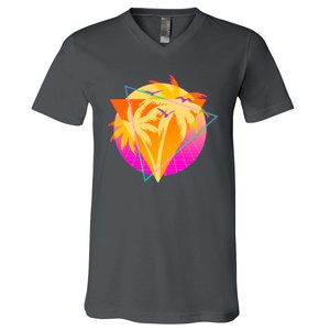 Retro Eighties 80's Tropical Palm Trees Emblem V-Neck T-Shirt