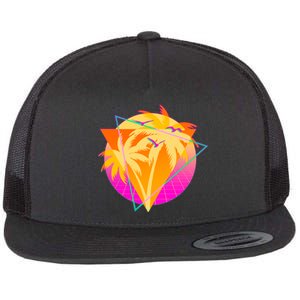 Retro Eighties 80's Tropical Palm Trees Emblem Flat Bill Trucker Hat