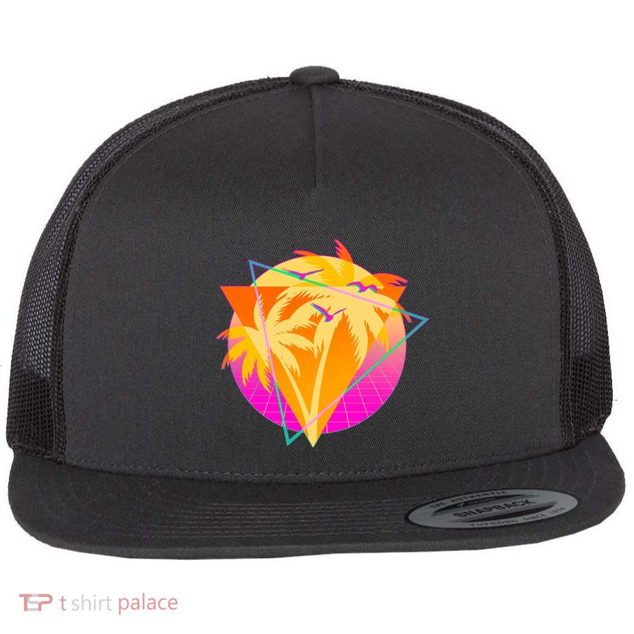 Retro Eighties 80's Tropical Palm Trees Emblem Flat Bill Trucker Hat