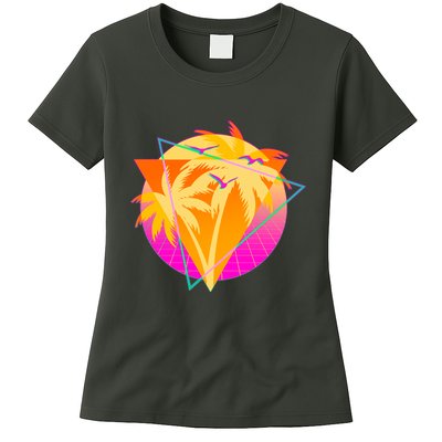Retro Eighties 80's Tropical Palm Trees Emblem Womens T-Shirt