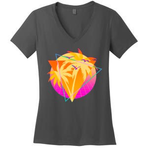 Retro Eighties 80's Tropical Palm Trees Emblem Women's V-Neck T-Shirt