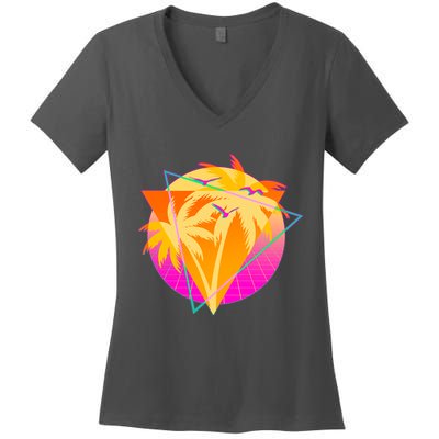 Retro Eighties 80's Tropical Palm Trees Emblem Women's V-Neck T-Shirt