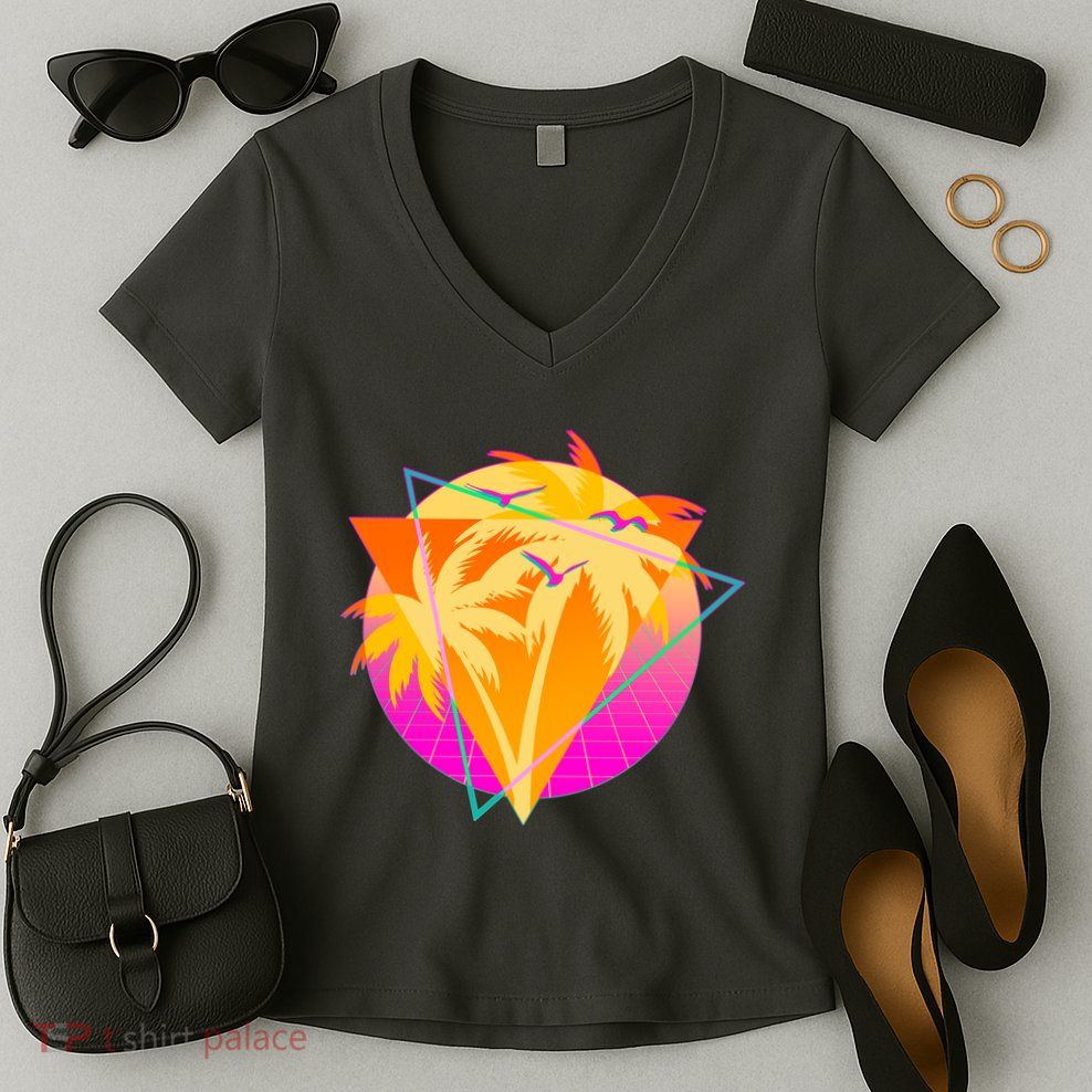 Retro Eighties 80's Tropical Palm Trees Emblem Women's V-Neck T-Shirt