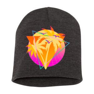 Retro Eighties 80's Tropical Palm Trees Emblem Short Acrylic Beanie