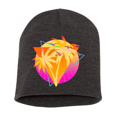 Retro Eighties 80's Tropical Palm Trees Emblem Short Acrylic Beanie
