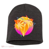 Retro Eighties 80's Tropical Palm Trees Emblem Short Acrylic Beanie