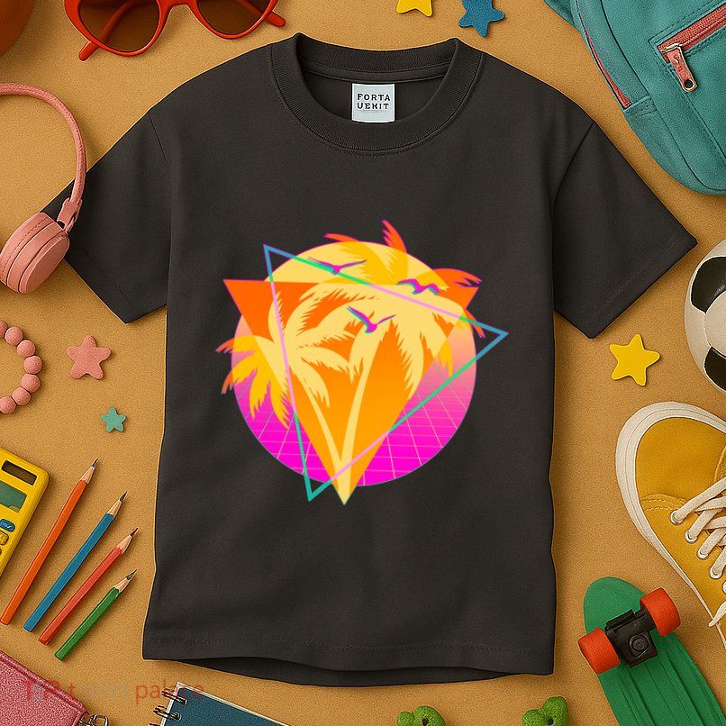 Retro Eighties 80's Tropical Palm Trees Emblem Kids T-Shirt