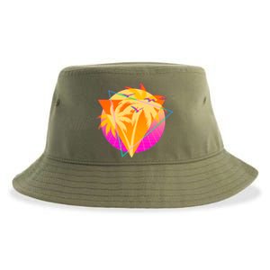 Retro Eighties 80's Tropical Palm Trees Emblem Sustainable Bucket Hat