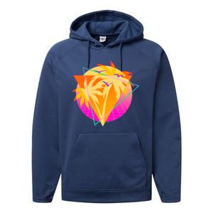 Retro Eighties 80's Tropical Palm Trees Emblem Performance Fleece Hoodie