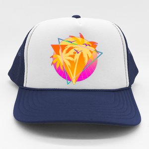 Retro Eighties 80's Tropical Palm Trees Emblem Trucker Hat