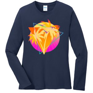 Retro Eighties 80's Tropical Palm Trees Emblem Ladies Long Sleeve Shirt